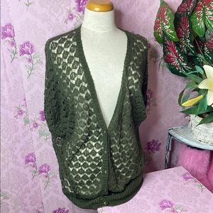 🌹 Kensie Girl 🌹 Long Olive Green Wide Crochet Knit Short Sleeve Cardigan